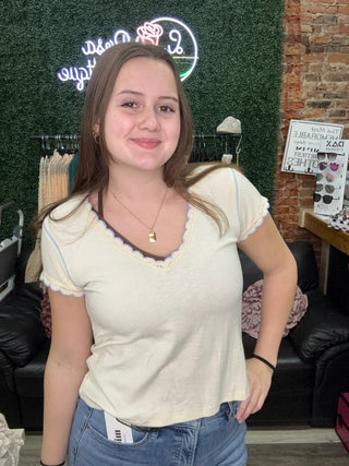 Pol Lace Trim V-Neck Short Sleeve Tee Cream