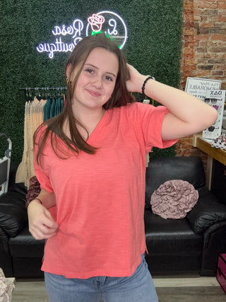 Pol Relaxed Boxy Short Sleeve Tee Coral