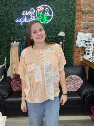POL Round Neck Floral Knit Rib Top - Coral Peach