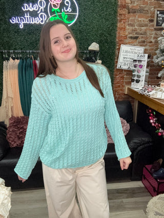 POL Open Knit Lightweight Sweater- Aqua Mint