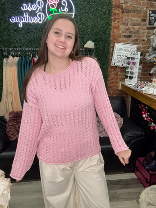 POL Open Knit Lightweight Sweater- Soft Pink