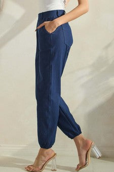 Yelete Effortless Chic High-Waist Jogger Pants - Denim Blue