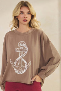 Yelete Women's Nautical Anchor Graphic Long Sleeve Cotton Top
