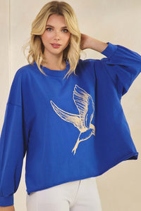 Yelete Women's Bird in Flight Graphic Long Sleeve Cotton Top