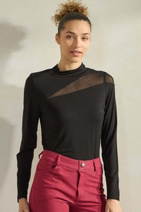 Yelete Mock Neck Mesh Panel Long Sleeve Top