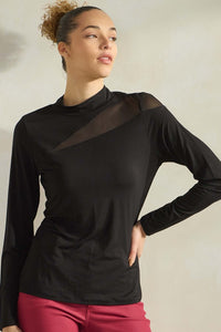 Yelete Mock Neck Mesh Panel Long Sleeve Top
