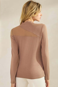 Yelete Mock Neck Mesh Panel Long Sleeve Top