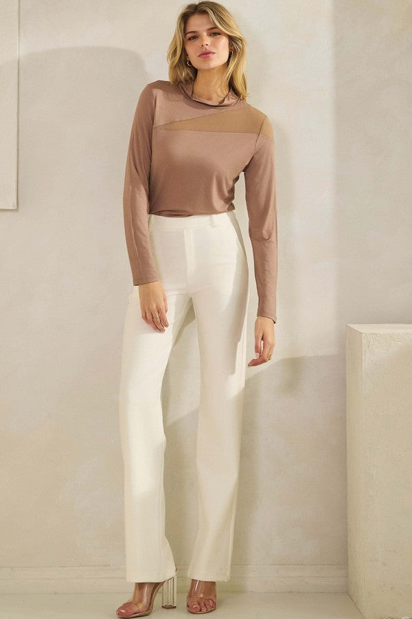 Yelete Mock Neck Mesh Panel Long Sleeve Top