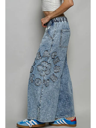 Boho Peace Patch Wide Leg Terry Pants