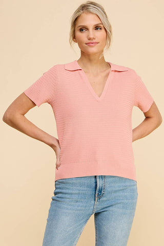 Allie Rose - Fine Gauge Short Sleeve Textured Polo- Vintage Coral