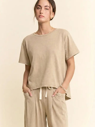 Davi & Dani Garment Washed Pleat Top Pants Set Beige