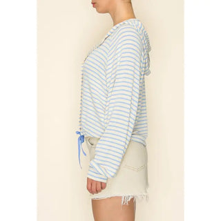 The Greii - Stripe Button Front Hooded Top - Light Blue/Red Stripe