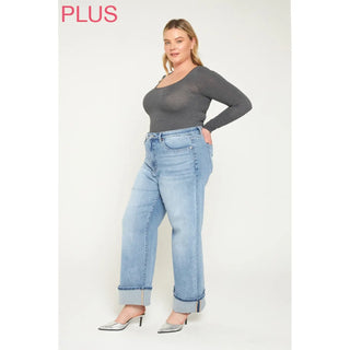 Mica Super High Rise Wide Leg Jeans with Cuffed Hem – Light Wash | Boutique Denim