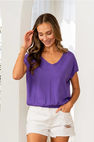 Sew in Love - Relaxed Fit Short Sleeves V Neck Top - Purple