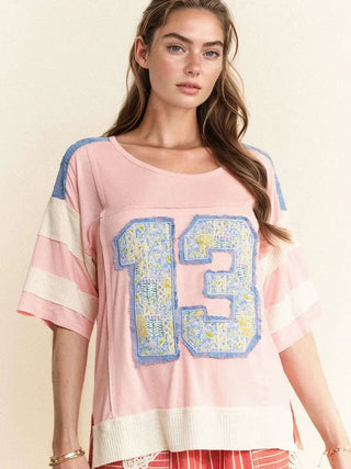 Davi & Dani - 13 Patch Multi Fabric Short Sleeve Knit Top