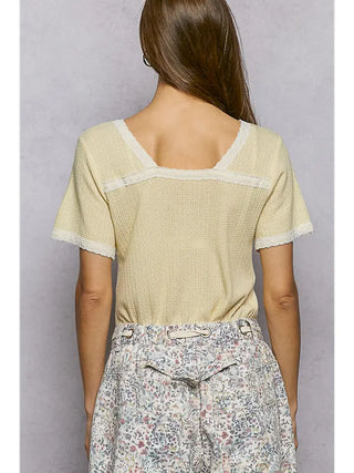 POL - Textured Knit V-Neck Short Sleeve Top - Lemon