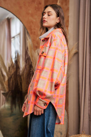 Davi & Dani - PLUS PLAID BUTTON FRONT SHIRT JACKET SHACKET
