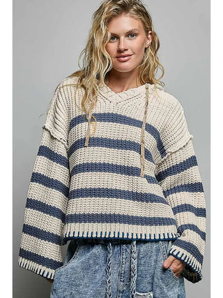 Pol Clothing - V-Neck Striped Long Sleeve Stitch Hoodie
