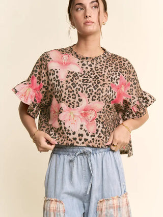 Davi & Dani - Vibrant Floral Leopard Boho Chic Crop Blouse Top