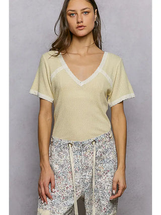 POL - Textured Knit V-Neck Short Sleeve Top - Lemon