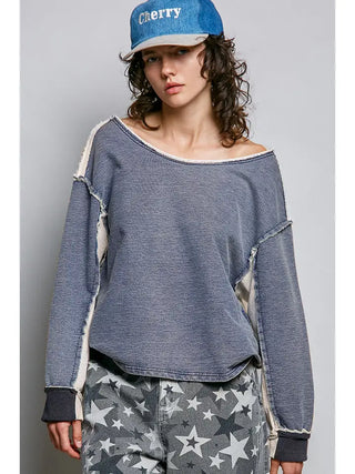 Pol - Casual French Terry Outseam Accent Solid Long Sleeve Top