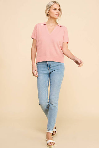 Allie Rose - Fine Gauge Short Sleeve Textured Polo- Vintage Coral