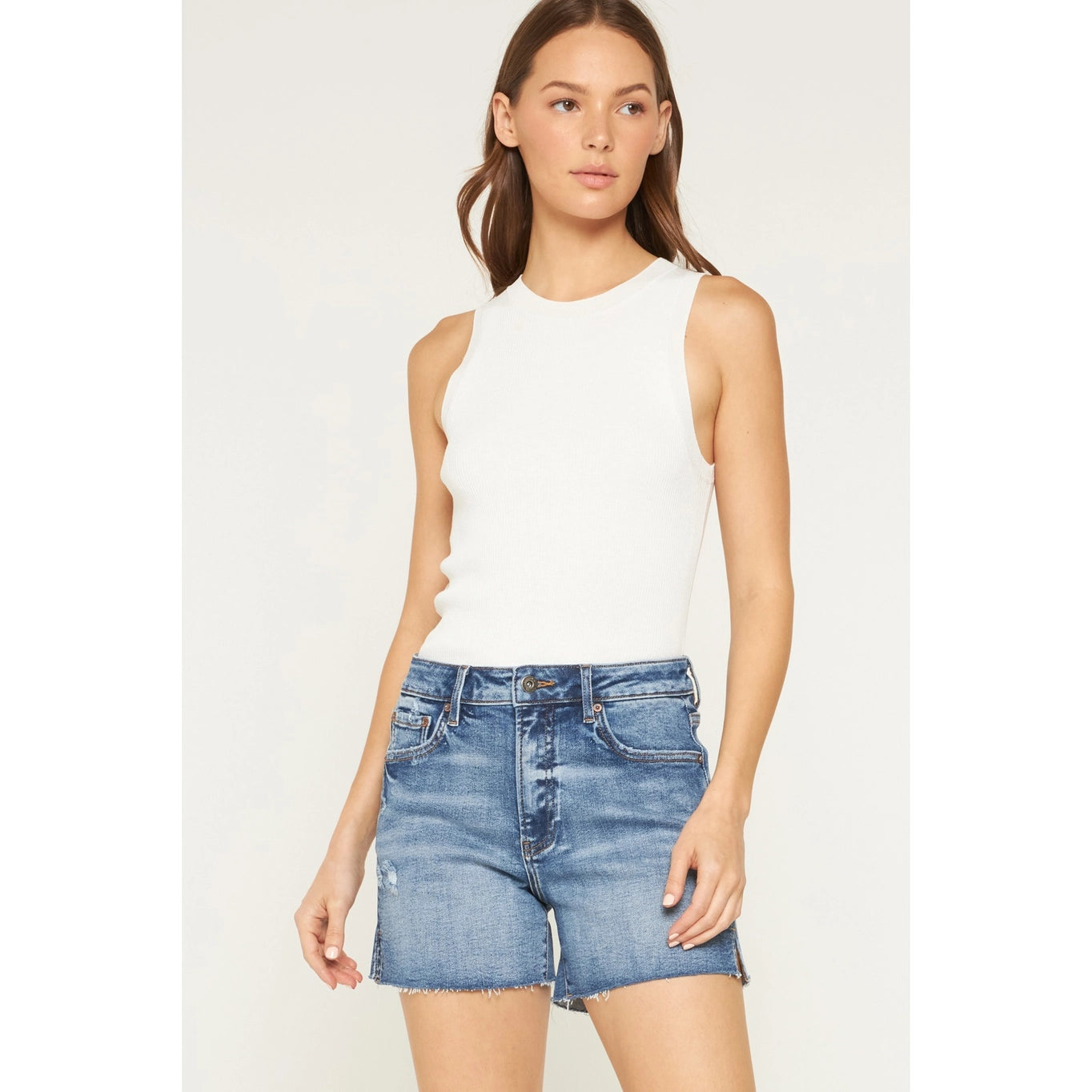 MICA DENIM HIGH RISE RAW HEM DENIM SHORTS VINTAGE BLUE