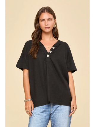 Andree by Unit Waffle Knit Henley Top - Black