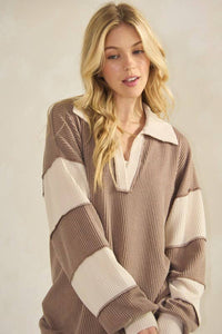 HEIMISH - LONG SLEEVE MANDARIN COLLAR SOLID CONTRAST TOP