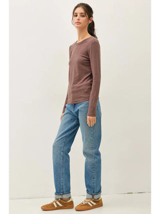 Be Cool - Round Neck Long Sleeve Knit Top - Walnut