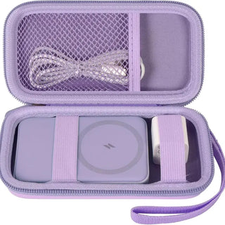 Purple wireless charging kit with charger, cable, adapter, and case.