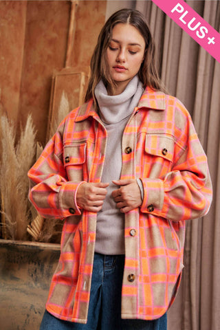 Davi & Dani - PLUS PLAID BUTTON FRONT SHIRT JACKET SHACKET