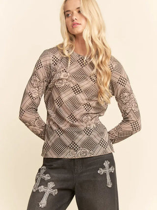 Davi & Dani - Floral Plaid Velvet Flocked Mesh Top