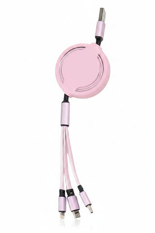 Pink retractable charging cable with three different connectors and a compact design.