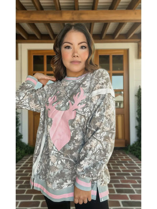 JadyK Woodland Camo Pink Deer Antler Sweatshirt – Cozy Casual Women’s Pullover