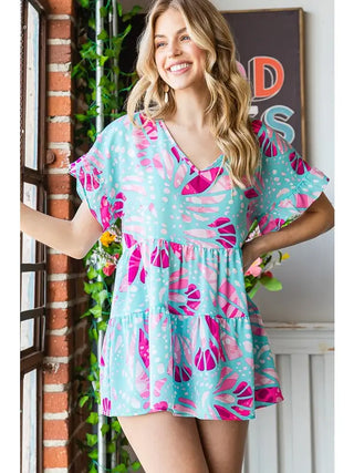 Heimish - Dolman Short Sleeve with Ruffled Geometric Print - Light Blue/Pink