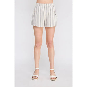 Allie Rose Stripe Cotton Twill Elastic Waist Shorts- Soft Blue Stripe