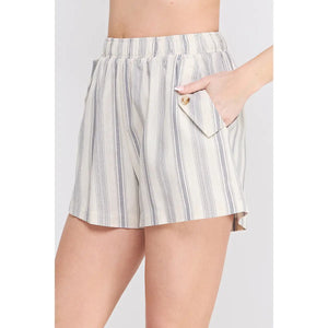 Allie Rose Stripe Cotton Twill Elastic Waist Shorts- Soft Blue Stripe