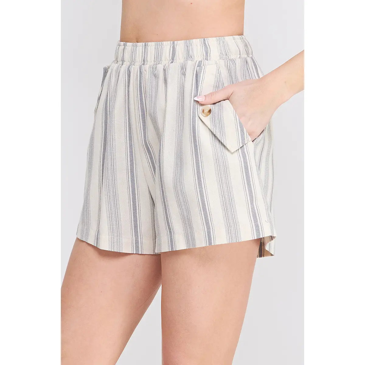 Allie Rose Stripe Cotton Twill Elastic Waist Shorts- Soft Blue Stripe