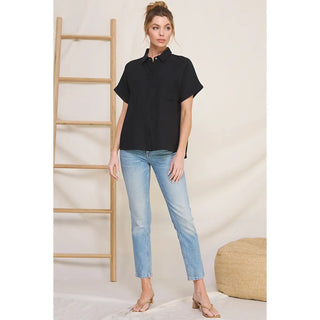 Allie Rose Textured Short Sleeve Button Front Collared Shirt- Black