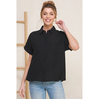 Allie Rose Textured Short Sleeve Button Front Collared Shirt- Black