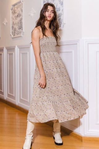 BUCKETLIST - Smocked Bodice Tube Top Midi Dress - Light Olive