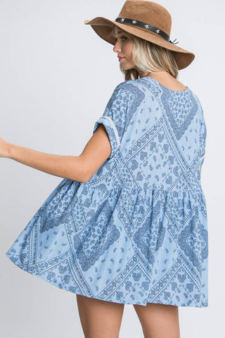 BUCKETLIST - Babydoll Loose Roll up Short Sleeves Top -Blue