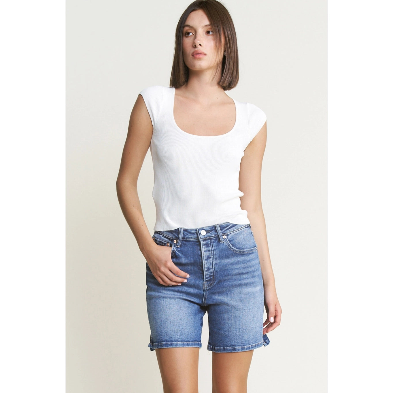 MICA DENIM SUPER HIGH BUTTON UP BERMUDA DARK
