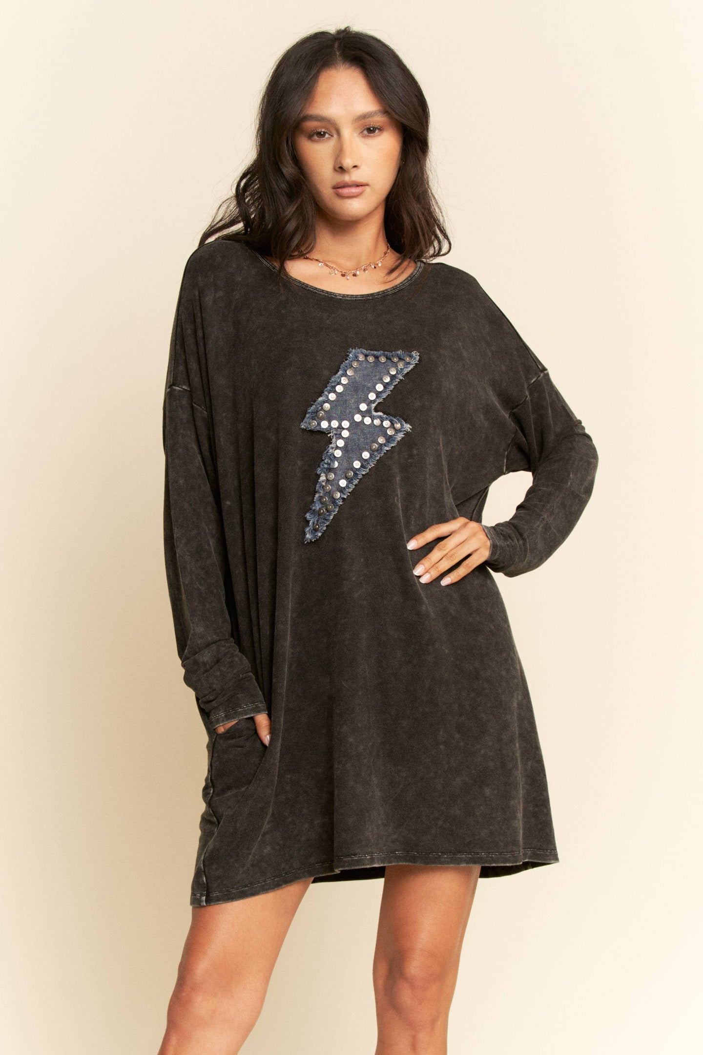 Davi & Dani - THUNDER DENIM BUTTON DETAIL POCKET T SHIRT DRESS
