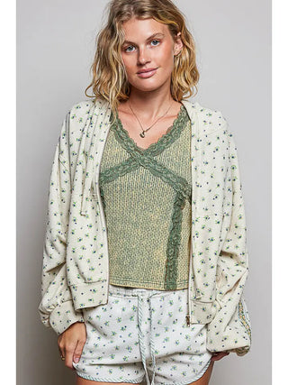 Pol Clothing - Floral Embroidered Thermal Print Knit Hoodie