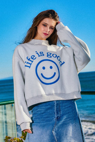 BUCKETLIST Exactly Where you Need to Be Reversible Graphic Mock-Neck Crop Sweatshirt