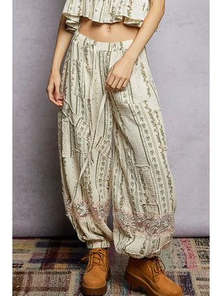 POL Patchwork Lace Wide Leg Pants Natural Floral