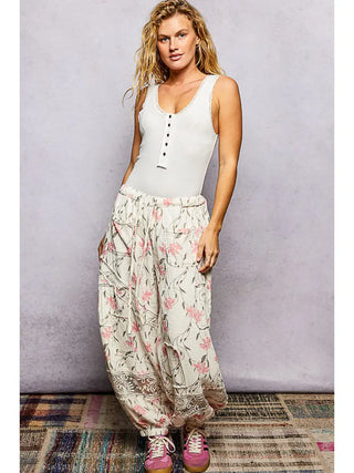 POL Patchwork Lace Wide Leg Pants Ivory Floral Ivory floral