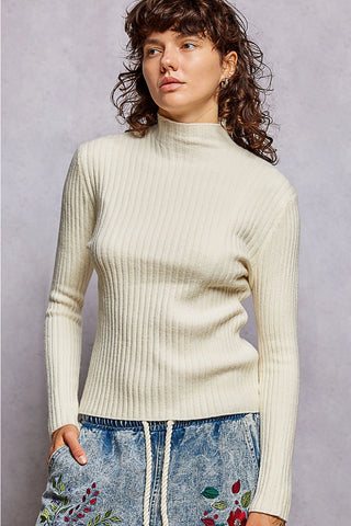 POL - Fitted Mock Neck Rib Knit Stretch Sweater - Ivory